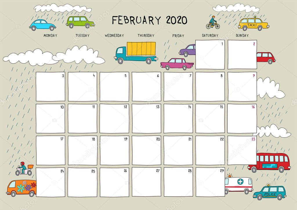 Cute calendar and planner for February 2020. Beige background with colorful illustrations of rain and cars. A4 vertical format.