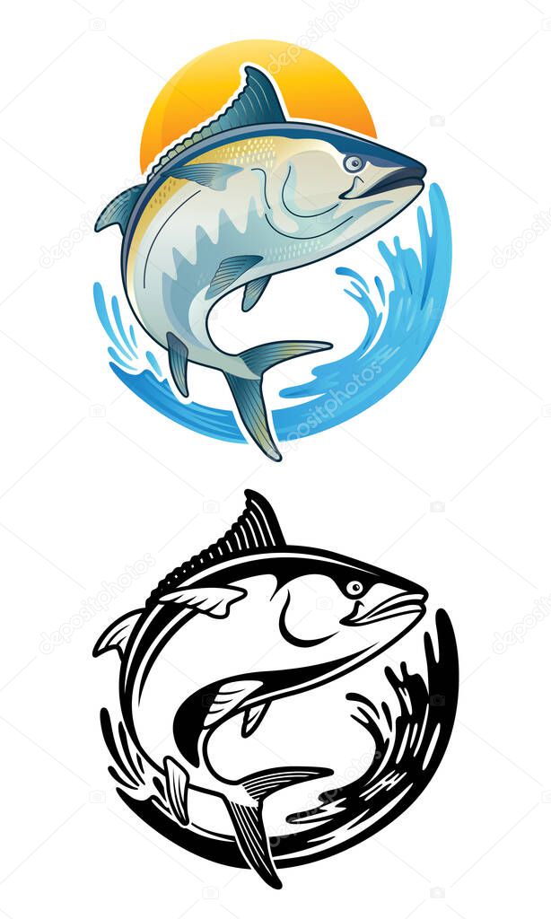 Tuna Blackfin Vector Illustration jump in ocean sunset tuna fish bluefin drawing isolated white background