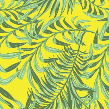 Palmiye ağaçlarının tropikal yaz yapraklarının pürüzsüz deseni suluboya resimleme açık sarı arka plan