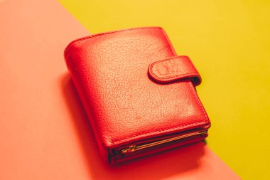 Kırmızı deri kadın cüzdan karpuz ve yeşil artalanları üzerinde döşeme