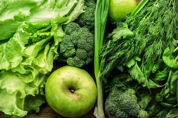Verduras Frescas Verdes Frutas Vegetación Fondo Los Alimentos Vista Superior — Foto de Stock