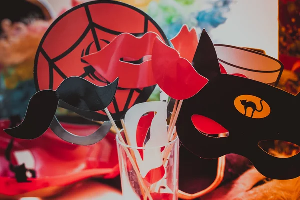 Cardboard Black Red Funny Carnival Masks Sticks Lips Mustache Glass — Stock Photo, Image