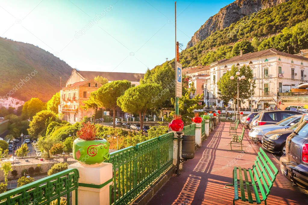 Vietri sul Mare Summer colourful city scape with ceramic decoration buildings and mountains. Italy, Amalfi coast