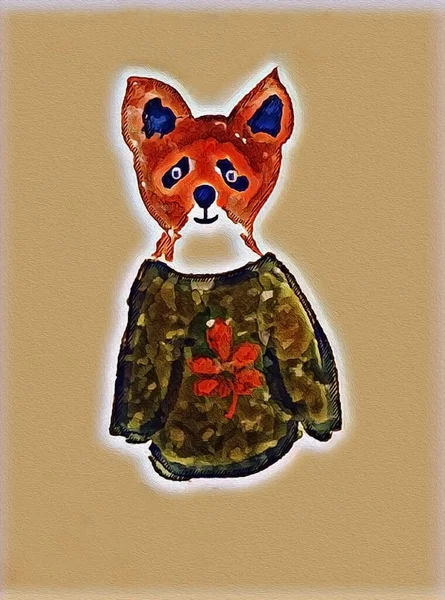 Illustration Picture Cute Red Fox Big Olive Green Camouflage Sweater — Stock Photo, Image