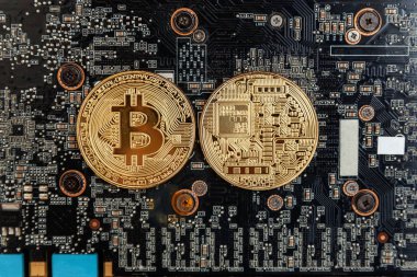 Bitcoinler video kartında, madencilik konseptinde yatar. İnternet bankacılığı ve uluslararası ağ ödemeleri için elektronik sanal para. Kripto para biriminin sembolü