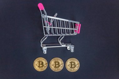 Mini alışveriş sepeti oyuncak incelemesi kavramı içinde paralar bitcoin yığını. Bankacılık web ve uluslararası ağ ödeme elektronik sanal para. Kripto para birimi sembolü