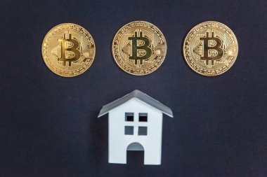 Oyuncak bitcoins siyah arka plan üzerinde ev ve paralar. Cryptocurrency ve koruma kavramı. Bankacılık web ve uluslararası ağ ödeme için elektronik sanal para