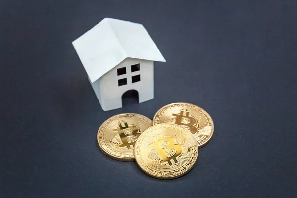 Oyuncak bitcoin siyah arka plan üzerinde ev ve paralar. Cryptocurrency ve koruma kavramı. Bankacılık web ve uluslararası ağ ödeme için elektronik sanal para