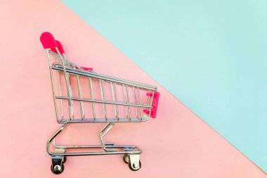 Küçük süpermarket bakkal itme sepeti oyuncak tekerlekler ve pembe ve mavi pastel renk kağıt geometrik düz yatıyordu arka plan üzerinde pembe plastik öğelerle birlikte alışveriş için. Alışveriş kavramı. Kopya alanı reklam için