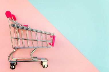 Küçük süpermarket bakkal itme sepeti oyuncak tekerlekler ve pembe ve mavi pastel renk kağıt geometrik düz yatıyordu arka plan üzerinde pembe plastik öğelerle birlikte alışveriş için. Alışveriş kavramı. Kopya alanı reklam için