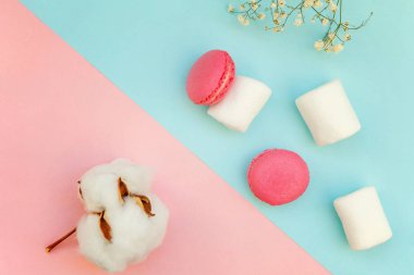 Üstten görünüm mini pembe macaron veya acıbadem kurabiyesi Fransız marshmallow ile tatlılar pasta ve pamuk yumuşak tatlı pembe ve mavi pastel geometrik çiçekler kağıt düz yatıyordu arka plan.