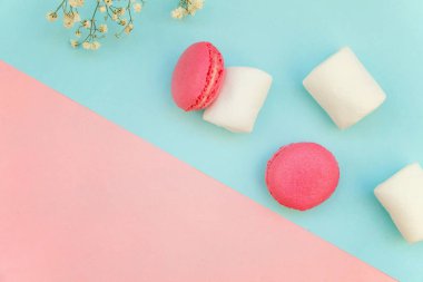 «Ana sayfa» mini pembe macaron veya marshmallow ile acıbadem kurabiyesi Fransız tatlı pasta görünümünü yumuşak tatlı pembe ve mavi pastel geometrik üzerinde kağıt düz yatıyordu arka plan