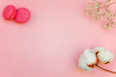 «Ana sayfa» mini pembe macaron veya pamuk çiçek ile acıbadem kurabiyesi Fransız tatlı pasta görünümünü yumuşak tatlı pembe pastel geometrik üzerinde kağıt düz yatıyordu arka plan.