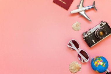 Çınar, bağbozumu kamera, pasaport, güneş gözlüğü, küre ve pembe renkli pastel trendy modern moda arka plan üzerinde kabuk ile düz yatıyordu. Tatil seyahat yaz hafta sonu deniz macera seyahat kavramı