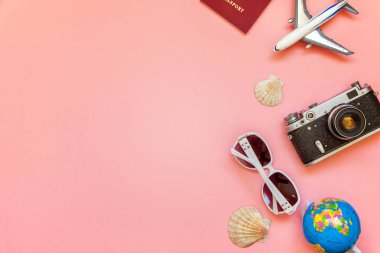 Çınar, bağbozumu kamera, pasaport, güneş gözlüğü, küre ve pembe renkli pastel trendy modern moda arka plan üzerinde kabuk ile düz yatıyordu. Tatil seyahat yaz hafta sonu deniz macera seyahat kavramı