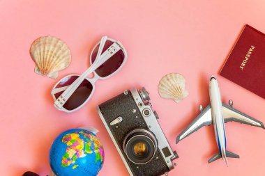 Çınar, bağbozumu kamera, pasaport, güneş gözlüğü, küre ve pembe renkli pastel trendy modern moda arka plan üzerinde kabuk ile düz yatıyordu. Tatil seyahat yaz hafta sonu deniz macera seyahat kavramı