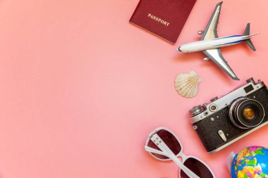 Çınar, bağbozumu kamera, pasaport, güneş gözlüğü, küre ve pembe renkli pastel trendy modern moda arka plan üzerinde kabuk ile düz yatıyordu. Tatil seyahat yaz hafta sonu deniz macera seyahat kavramı