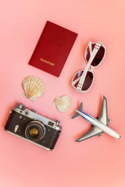 Çınar, bağbozumu kamera, pasaport, güneş gözlüğü ve pembe renkli pastel trendy modern moda arka plan üzerinde kabuk ile düz yatıyordu. Tatil seyahat yaz hafta sonu deniz macera seyahat kavramı