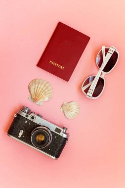 Çınar, bağbozumu kamera, pasaport, güneş gözlüğü ve pembe renkli pastel trendy modern moda arka plan üzerinde kabuk ile düz yatıyordu. Tatil seyahat yaz hafta sonu deniz macera seyahat kavramı