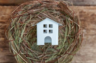 Minyatür beyaz oyuncak model house rustik eski vintage ahşap arka plan üzerinde yuvada aittir. Eko köyü çevre gayrimenkul ipotek Emlak sigorta rüya ev ekoloji yatırım kavramı