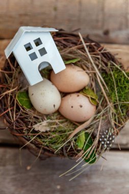 Minyatür beyaz oyuncak model house rustik eski vintage ahşap arka plan üzerinde yumurta yuvada aittir. Eko köyü çevre gayrimenkul ipotek Emlak sigorta rüya ev ekoloji yatırım kavramı