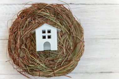 Minyatür beyaz oyuncak model ev yuvada rustik eski vintage beyaz ahşap arka plan üzerinde duruyor. Eko köyü çevre gayrimenkul ipotek Emlak sigorta rüya ev ekoloji yatırım kavramı