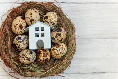Minyatür beyaz oyuncak model house rustik eski vintage ahşap arka plan üzerinde yumurta yuvada aittir. Eko köyü çevre gayrimenkul ipotek Emlak sigorta rüya ev ekoloji yatırım kavramı