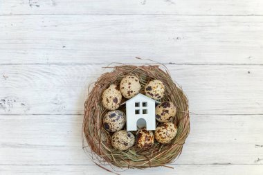 Minyatür beyaz oyuncak model house rustik eski vintage ahşap arka plan üzerinde yumurta yuvada aittir. Eko köyü çevre gayrimenkul ipotek Emlak sigorta rüya ev ekoloji yatırım kavramı