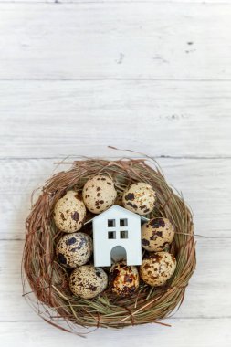 Minyatür beyaz oyuncak model house rustik eski vintage ahşap arka plan üzerinde yumurta yuvada aittir. Eko köyü çevre gayrimenkul ipotek Emlak sigorta rüya ev ekoloji yatırım kavramı