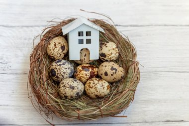 Minyatür beyaz oyuncak model house rustik eski vintage ahşap arka plan üzerinde yumurta yuvada aittir. Eko köyü çevre gayrimenkul ipotek Emlak sigorta rüya ev ekoloji yatırım kavramı