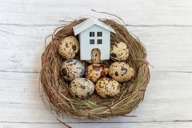 Minyatür beyaz oyuncak model house rustik eski vintage ahşap arka plan üzerinde yumurta yuvada aittir. Eko köyü çevre gayrimenkul ipotek Emlak sigorta rüya ev ekoloji yatırım kavramı