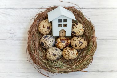 Minyatür beyaz oyuncak model house rustik eski vintage ahşap arka plan üzerinde yumurta yuvada aittir. Eko köyü çevre gayrimenkul ipotek Emlak sigorta rüya ev ekoloji yatırım kavramı