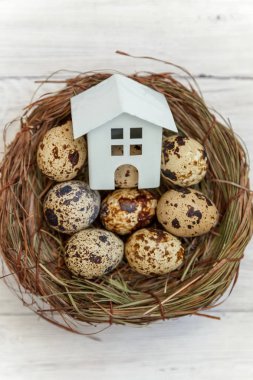 Minyatür beyaz oyuncak model house rustik eski vintage ahşap arka plan üzerinde yumurta yuvada aittir. Eko köyü çevre gayrimenkul ipotek Emlak sigorta rüya ev ekoloji yatırım kavramı