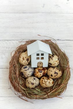 Minyatür beyaz oyuncak model house rustik eski vintage ahşap arka plan üzerinde yumurta yuvada aittir. Eko köyü çevre gayrimenkul ipotek Emlak sigorta rüya ev ekoloji yatırım kavramı