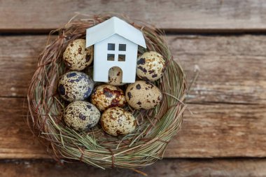 Minyatür beyaz oyuncak model house rustik eski vintage ahşap arka plan üzerinde yumurta yuvada aittir. Eko köyü çevre gayrimenkul ipotek Emlak sigorta rüya ev ekoloji yatırım kavramı