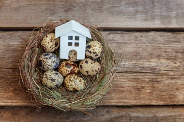 Minyatür beyaz oyuncak model house rustik eski vintage ahşap arka plan üzerinde yumurta yuvada aittir. Eko köyü çevre gayrimenkul ipotek Emlak sigorta rüya ev ekoloji yatırım kavramı