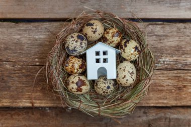 Minyatür beyaz oyuncak model house rustik eski vintage ahşap arka plan üzerinde yumurta yuvada aittir. Eko köyü çevre gayrimenkul ipotek Emlak sigorta rüya ev ekoloji yatırım kavramı