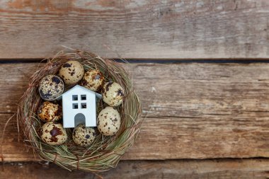 Minyatür beyaz oyuncak model house rustik eski vintage ahşap arka plan üzerinde yumurta yuvada aittir. Eko köyü çevre gayrimenkul ipotek Emlak sigorta rüya ev ekoloji yatırım kavramı