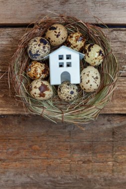 Minyatür beyaz oyuncak model house rustik eski vintage ahşap arka plan üzerinde yumurta yuvada aittir. Eko köyü çevre gayrimenkul ipotek Emlak sigorta rüya ev ekoloji yatırım kavramı