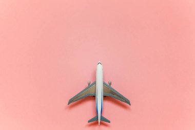 Sadece düz yatıyordu tasarım minyatür oyuncak model uçak pembe pastel renkli trendy Kağıt arka plan ile. Uçak tatil yaz hafta sonu deniz macera seyahat kavramı ile seyahat