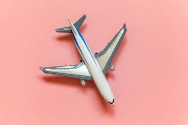 Sadece düz yatıyordu tasarım minyatür oyuncak model uçak pembe pastel renkli trendy Kağıt arka plan ile. Uçak tatil yaz hafta sonu deniz macera seyahat kavramı ile seyahat