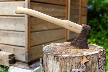 Güdük balta. Kesme kereste için hazır balta. Ağaç işleme aracı. Ahşap Ahşap doğrama, oduncu balta. Seyahat, Macera, dişli, kamp açık havada öğeleri