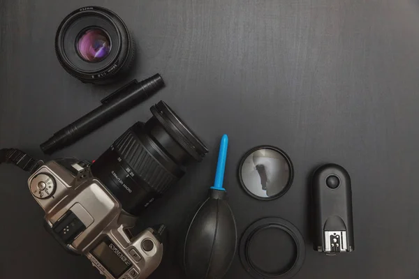 Vista Superior Del Fotógrafo Del Espacio Trabajo Con Sistema Cámara —  Fotos de Stock