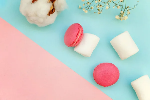 Bovenaanzicht Van Mini Roze Macaron Macaroon Frans Desserts Taart Met — Stockfoto