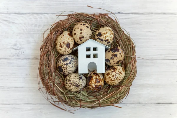 Minyatür beyaz oyuncak model house rustik eski vintage ahşap arka plan üzerinde yumurta yuvada aittir. Eko köyü çevre gayrimenkul ipotek Emlak sigorta rüya ev ekoloji yatırım kavramı