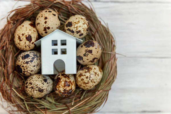 Minyatür beyaz oyuncak model house rustik eski vintage ahşap arka plan üzerinde yumurta yuvada aittir. Eko köyü çevre gayrimenkul ipotek Emlak sigorta rüya ev ekoloji yatırım kavramı
