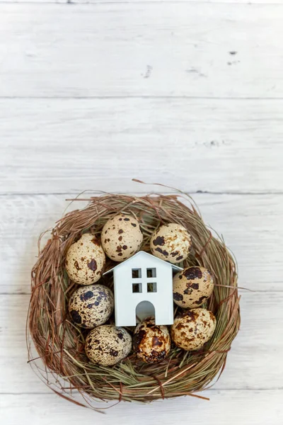 Minyatür beyaz oyuncak model house rustik eski vintage ahşap arka plan üzerinde yumurta yuvada aittir. Eko köyü çevre gayrimenkul ipotek Emlak sigorta rüya ev ekoloji yatırım kavramı