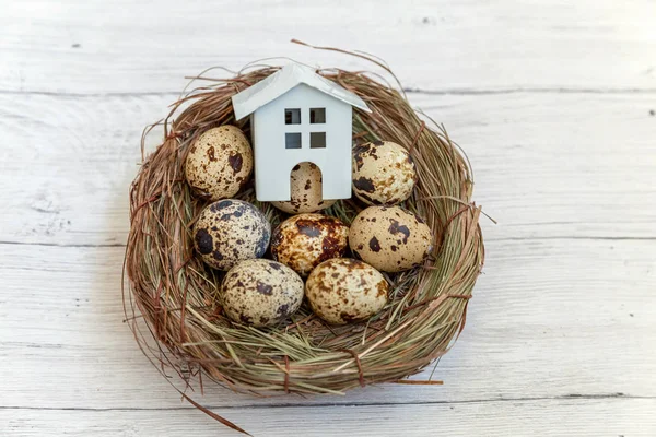Miniature white toy model house rests in nest with eggs on rustic old vintage wooden background. Eco village environmental real estate mortgage property insurance dream home ecology investment concept