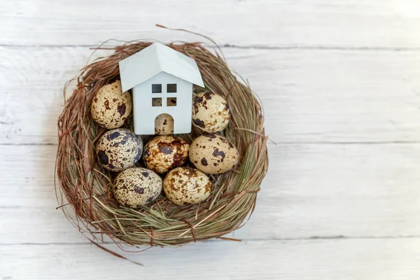 Minyatür beyaz oyuncak model house rustik eski vintage ahşap arka plan üzerinde yumurta yuvada aittir. Eko köyü çevre gayrimenkul ipotek Emlak sigorta rüya ev ekoloji yatırım kavramı