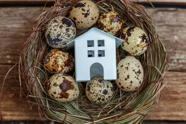 Minyatür beyaz oyuncak model house rustik eski vintage ahşap arka plan üzerinde yumurta yuvada aittir. Eko köyü çevre gayrimenkul ipotek Emlak sigorta rüya ev ekoloji yatırım kavramı